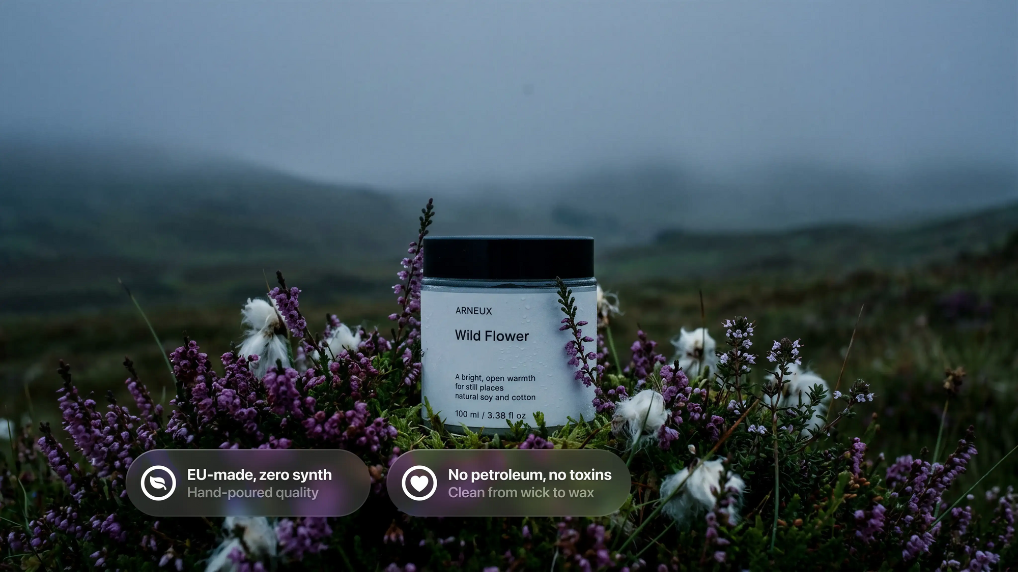 WILD FLOWER travel candle in dusk wildflower meadow, EU-made zero synth no petroleum no toxins callouts