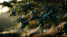 Close-up of a juniper branch with clusters of dark blue berries and green needles, set against a softly blurred outdoor background with warm sunlight