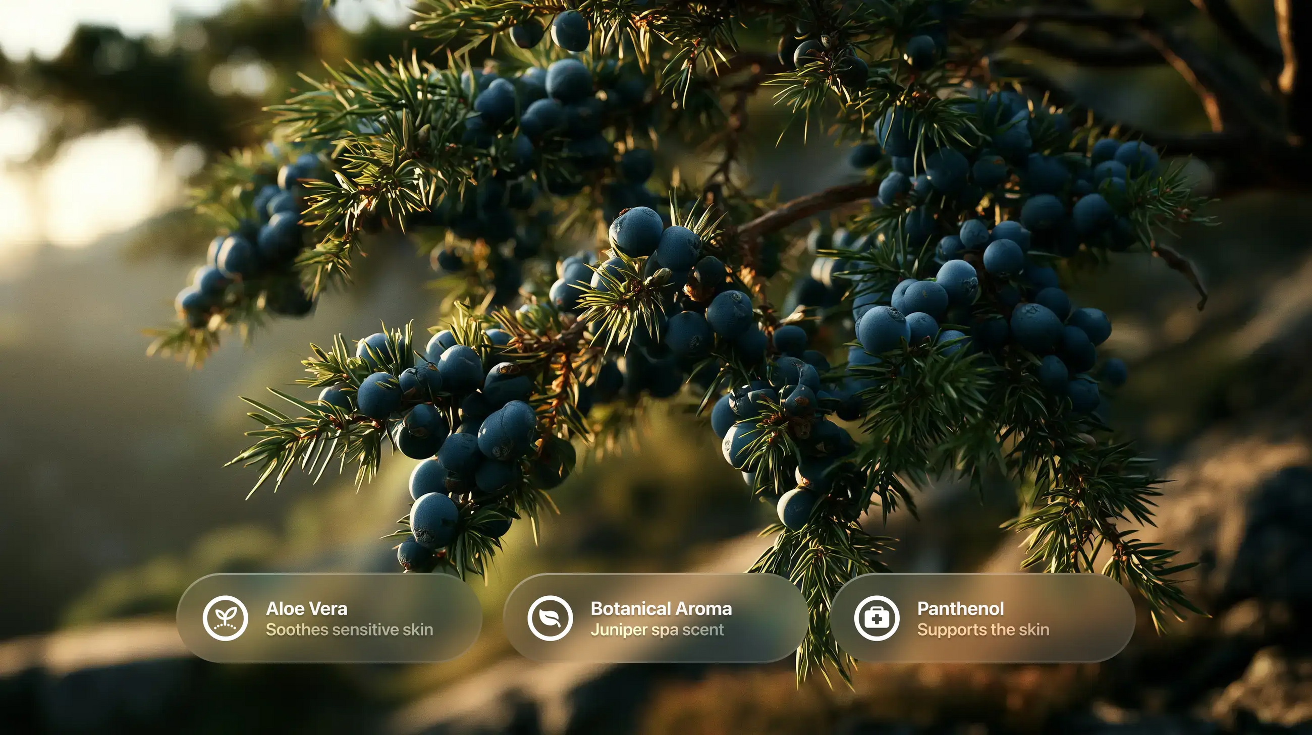 Close-up of a juniper branch with clusters of dark blue berries and green needles, set against a softly blurred outdoor background with warm sunlight