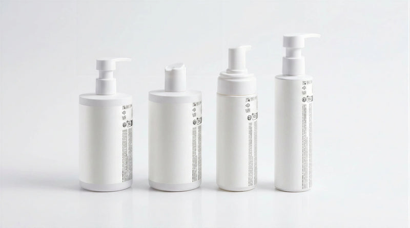 LITTLE baby collection four bottles showing side labels on marble, full product set back view