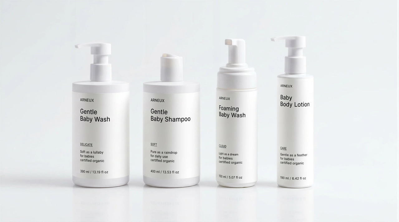 Four bottles of ARNEUX SOFT DELICATE CLOUD and CARE products on a white background