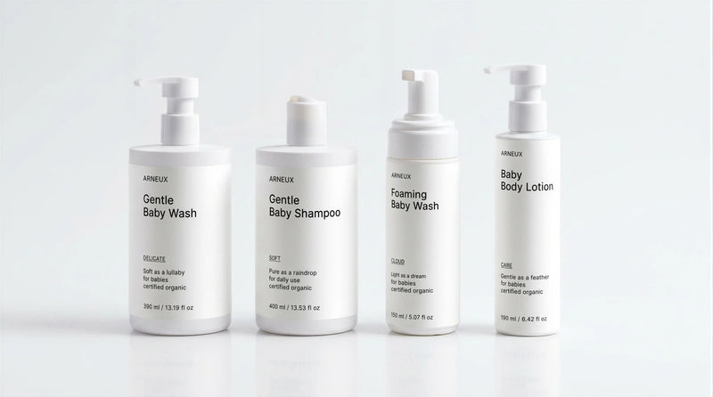 Four bottles of ARNEUX SOFT DELICATE CLOUD and CARE products on a white background