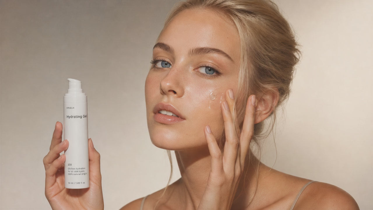 Woman applying Arneux DEW hydrating gel to cheek, lightweight oil-free formula lifestyle video