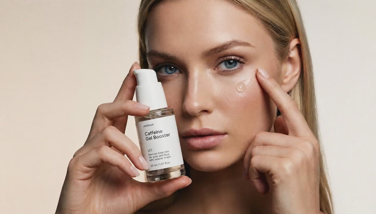 Woman dispensing LIFT caffeine gel booster, clear gel drop rubbing into under eye