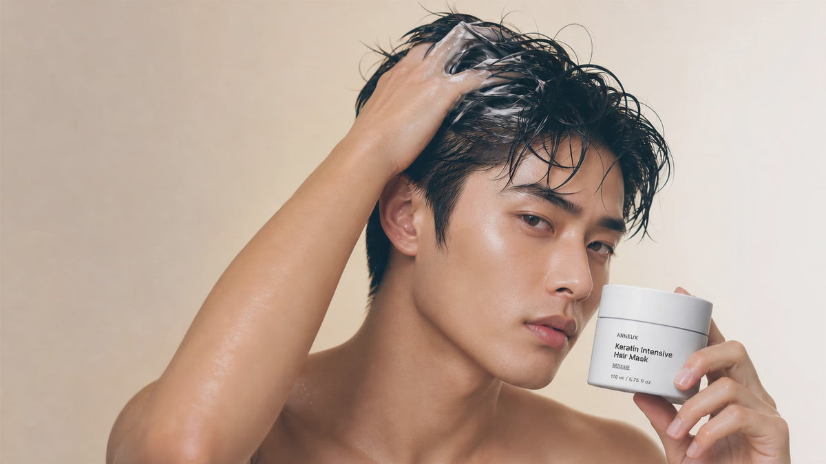 Man running hand through wet dark hair holding RESCUE keratin intensive mask jar, glossy repaired finish