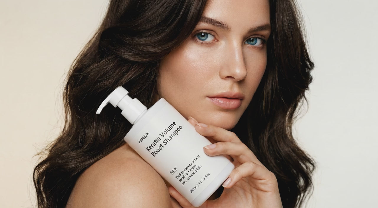 Woman with full voluminous dark hair holding WASH keratin shampoo, clean body and bounce result