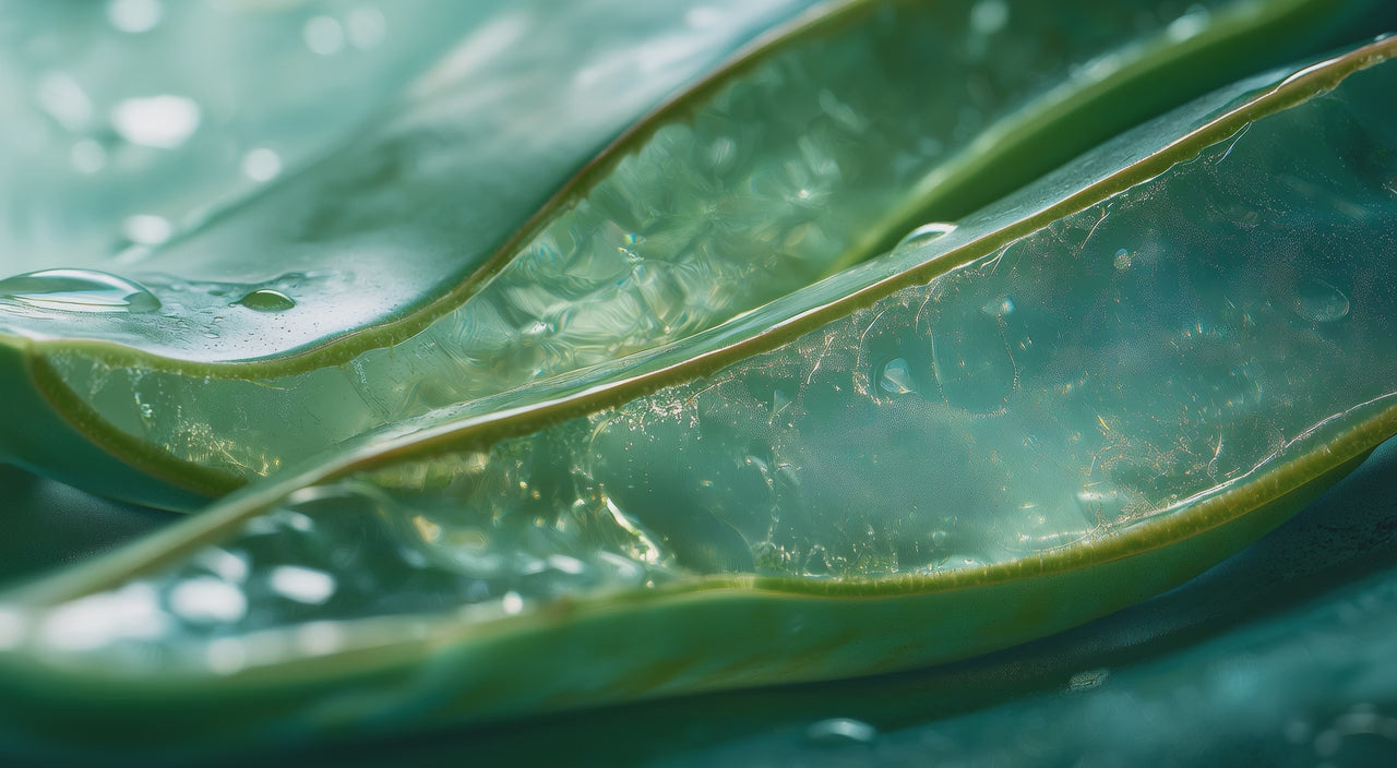 Aloe vera leaf cross-section with water droplets macro, Arneux transparent ECOCERT certified natural ingredients