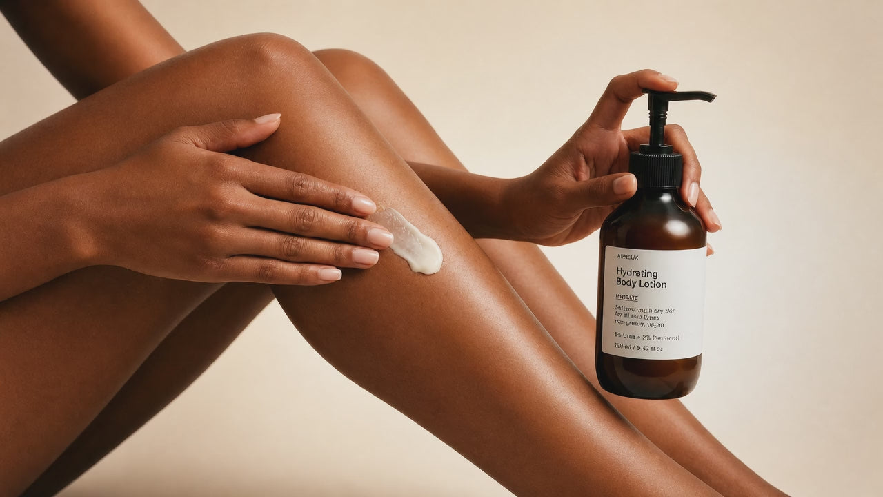 Woman applying Arneux HYDRATE hydrating body lotion to legs, morning-to-evening skincare routine