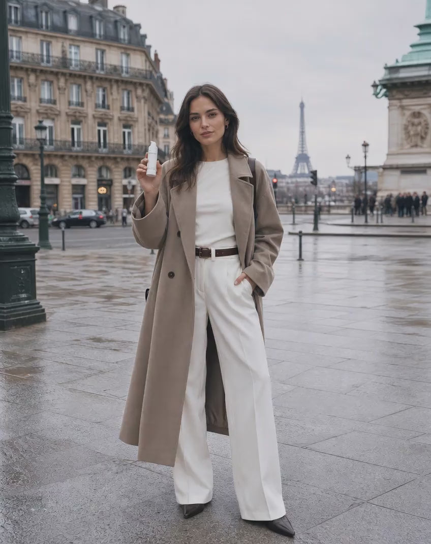 Woman holding an Arneux skincare serum in Paris with the Eiffel Tower, showcasing European formulated clean beauty, natural skincare, and luxury personal care
