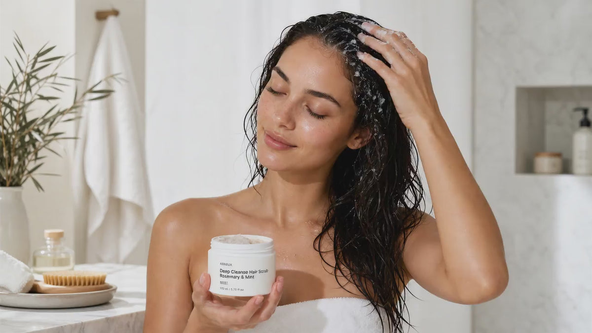 Woman working RESET rosemary mint hair scrub through wet hair at sink, scalp exfoliation routine