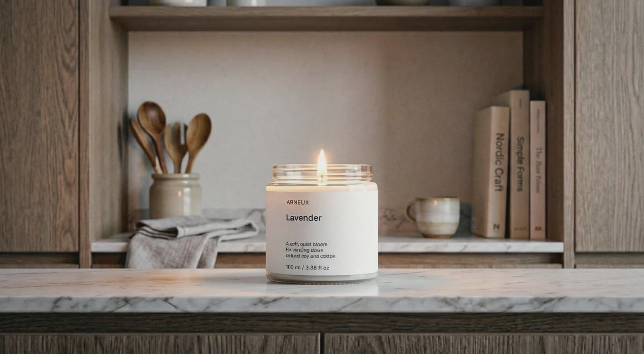 LAVENDER soy wax candle burning on marble kitchen shelf in warm Scandinavian home interior