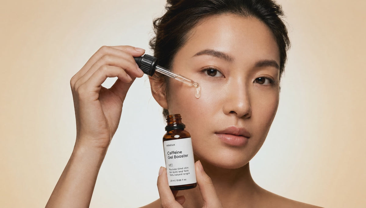 Woman dispensing LIFT caffeine gel booster from dropper bottle, clear gel drop falling to cheekbone