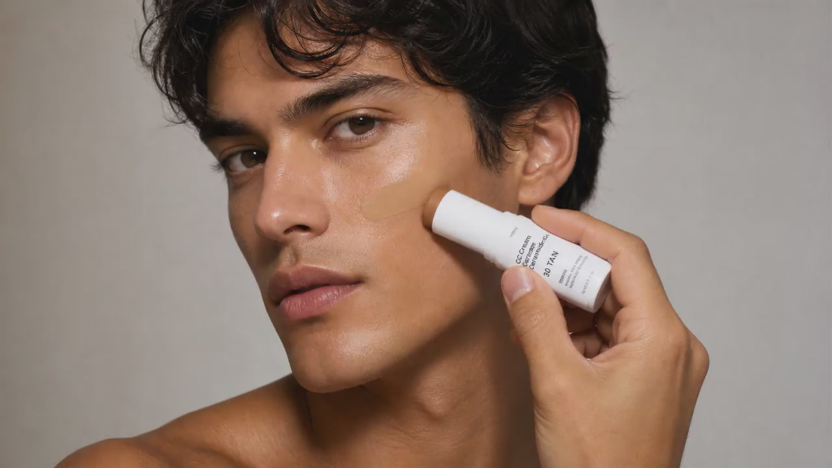 Man pressing BLEND CC cream ceramide stick to cheekbone, even coverage on medium skin tone