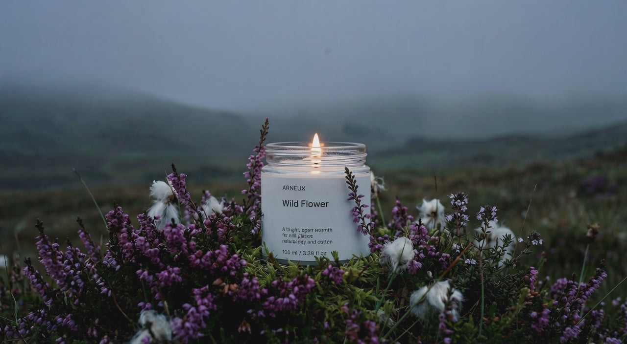 WILD FLOWER soy wax candle glowing among purple heather and cotton grass in misty highland landscape