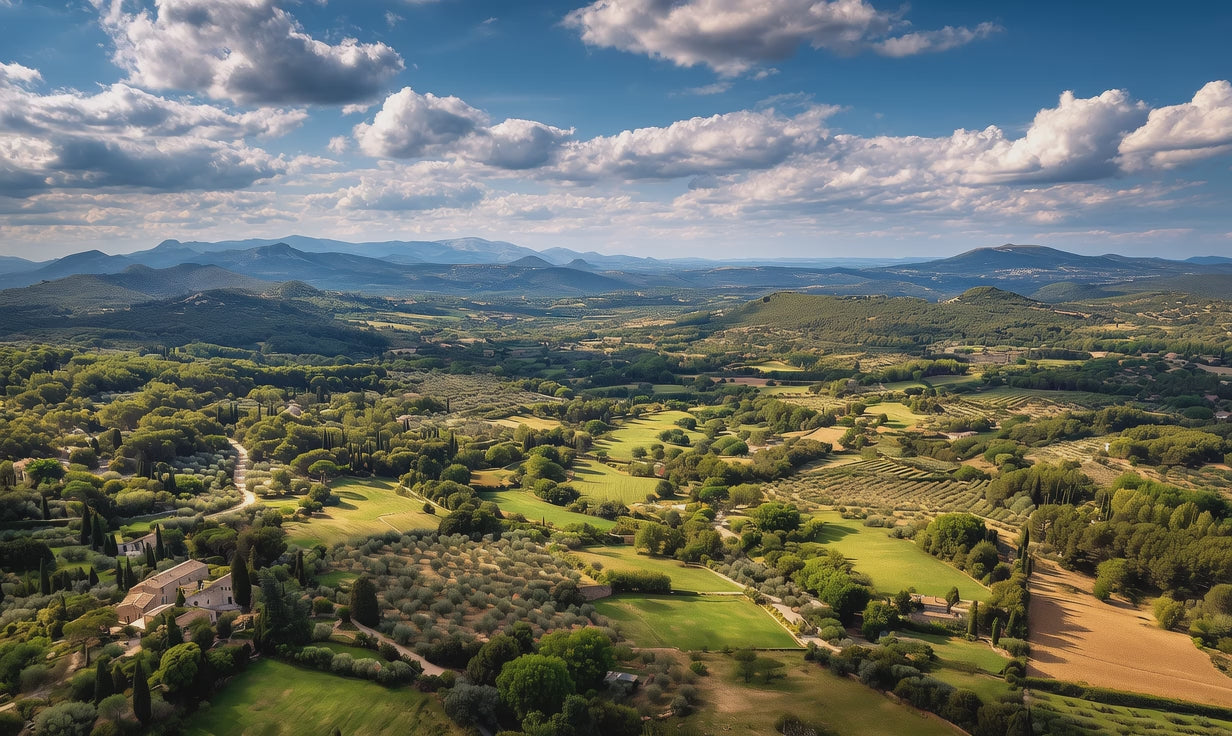 Aerial view of French countryside where Arneux COSMOS certified natural organic formulas are made