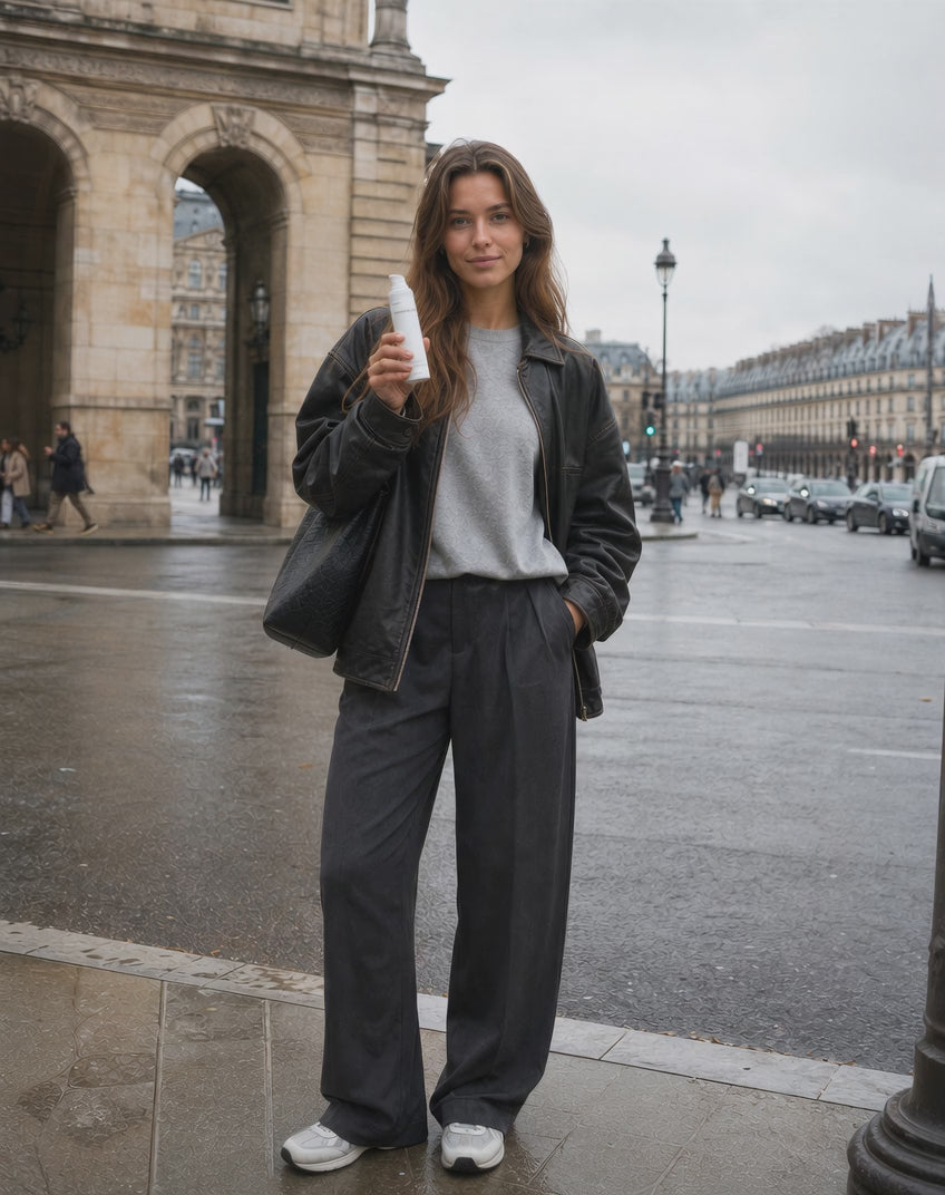 Woman holding Arneux skincare product on rainy Paris street, daily routine formulas designed for everyday use