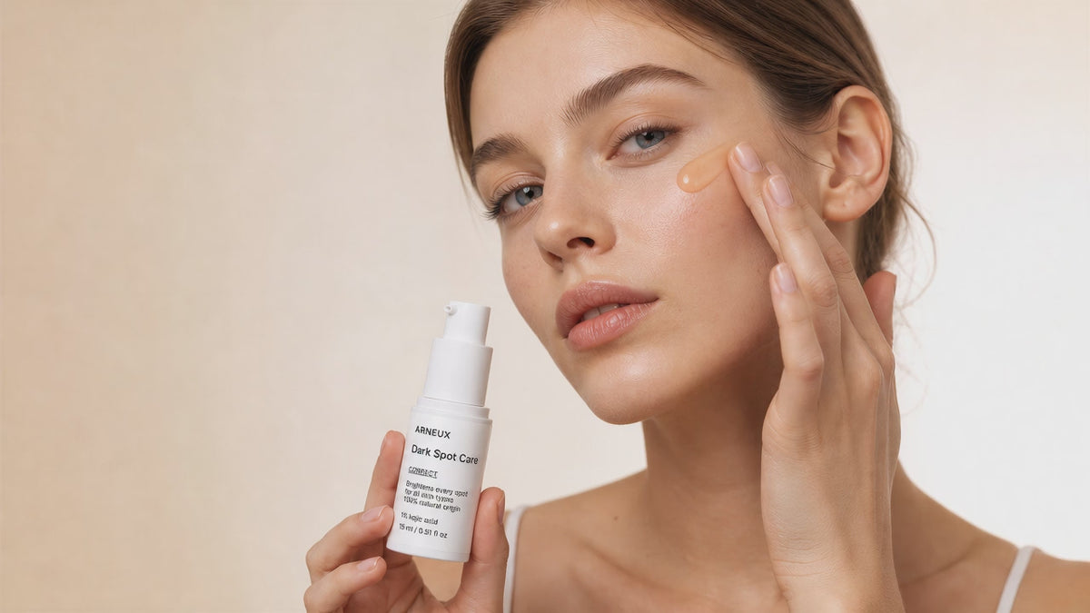 Woman dotting CORRECT dark spot care onto cheekbone with precision applicator, targeted spot treatment