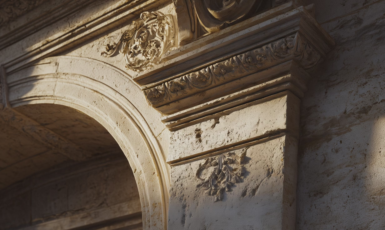 Ornate European limestone archway close-up, representing Arneux EU-formulated COSMOS certified natural cosmetics