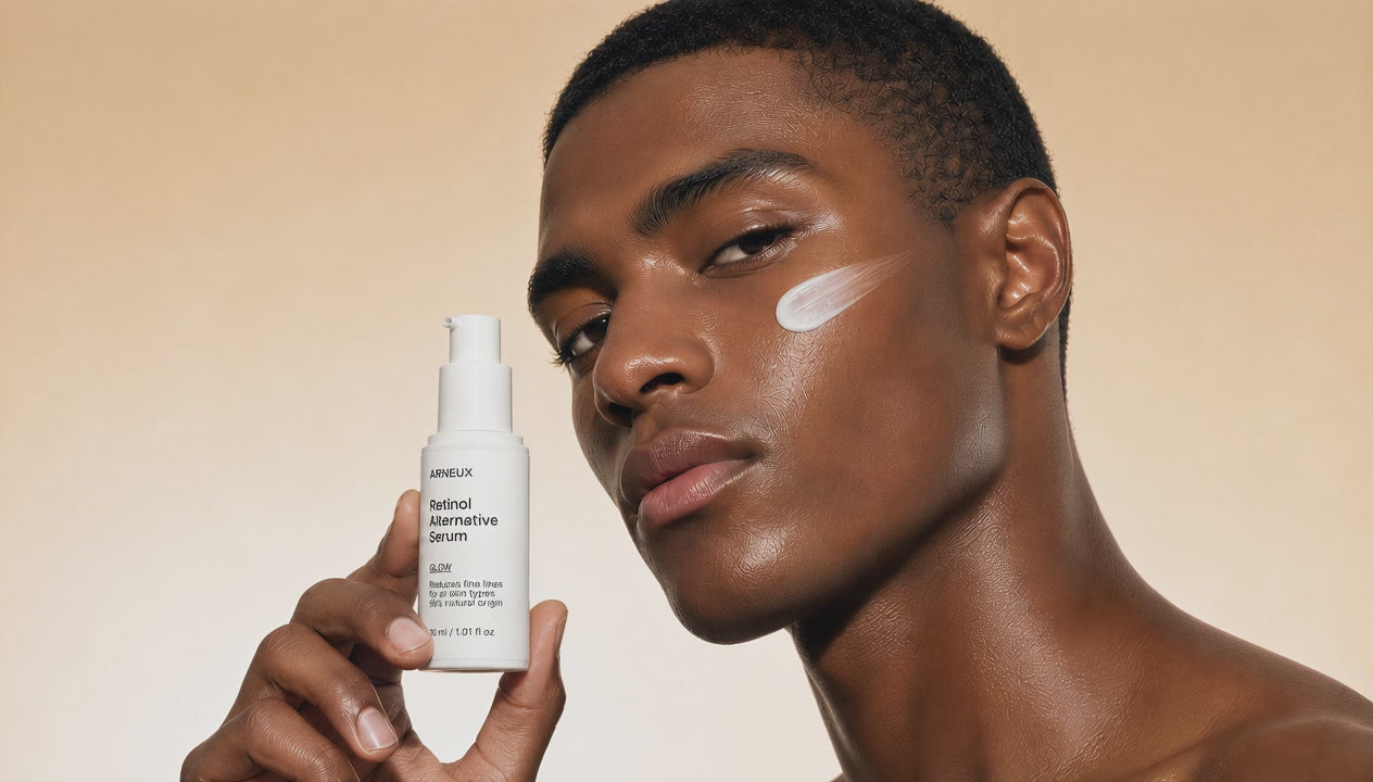 Man applying GLOW retinol alternative serum to cheek, plant-based firming formula for all skin types