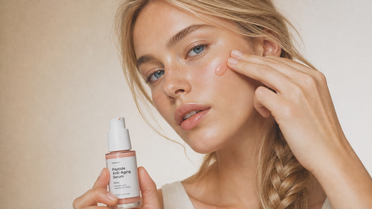 Woman dotting REVIVE peptide serum onto cheekbone with fingertip, dewy firm skin close-up