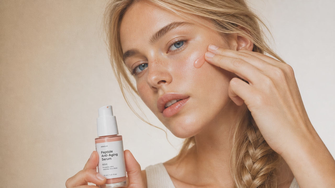 Woman dotting REVIVE peptide serum onto cheekbone with fingertip, dewy firm skin close-up