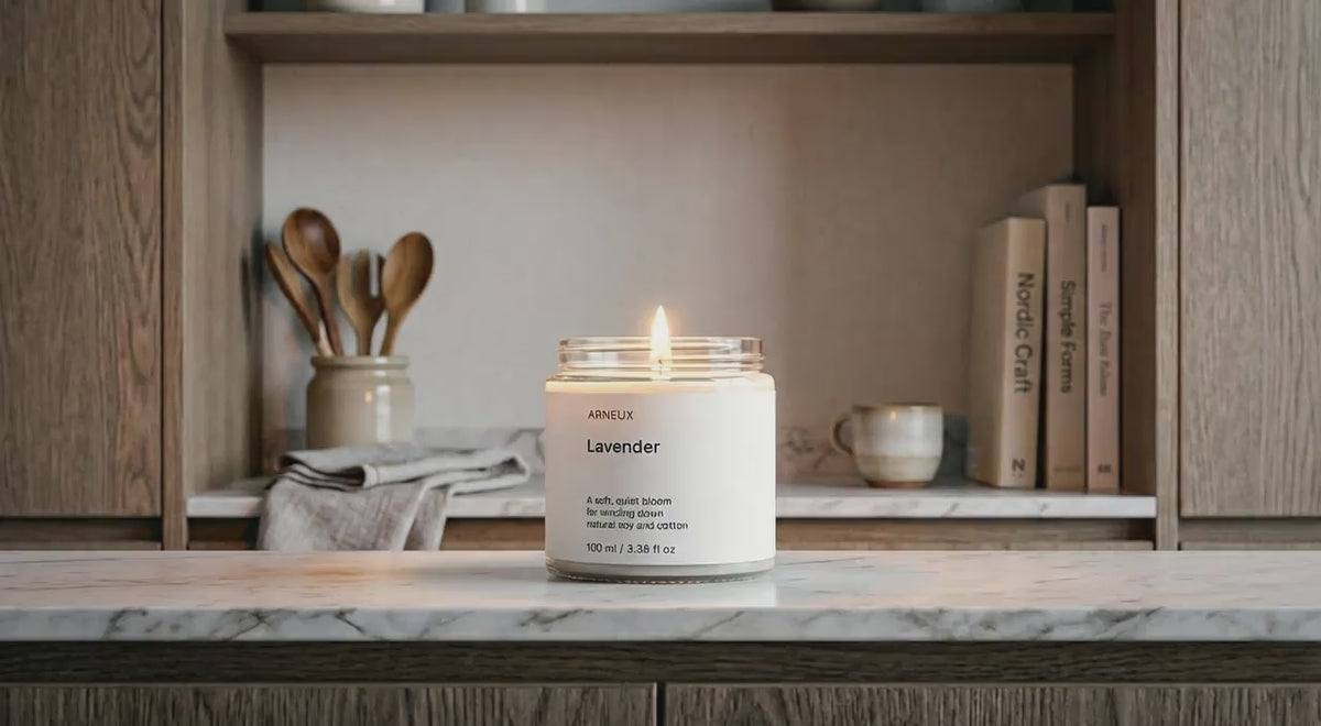 LAVENDER soy wax candle burning on marble kitchen shelf in warm Scandinavian home interior