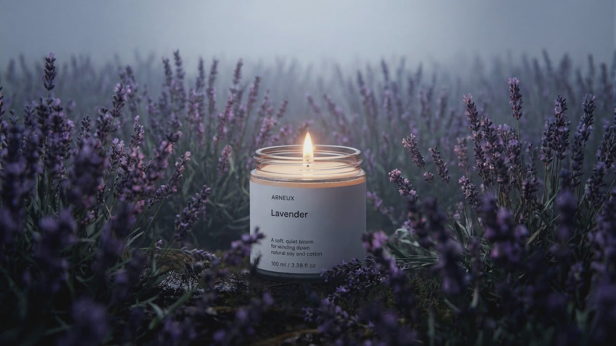LAVENDER travel candle glowing amid misty purple lavender field, restful herbal floral evening atmosphere