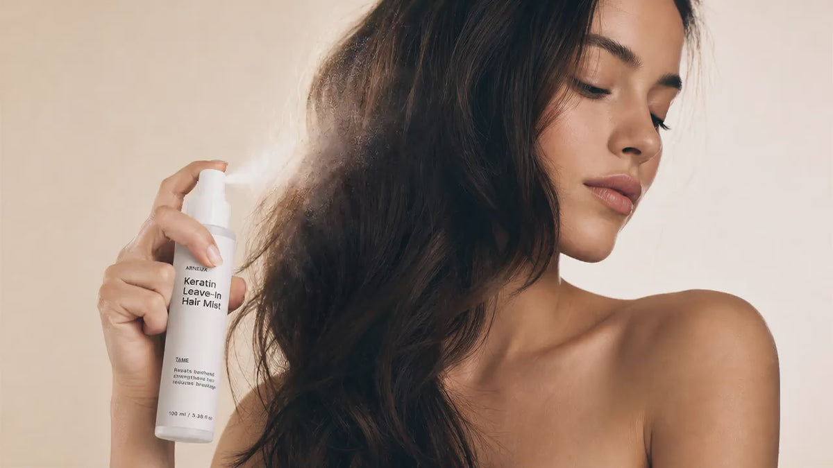 Woman misting TAME keratin spray through long dark hair, smooth glossy finish side profile view