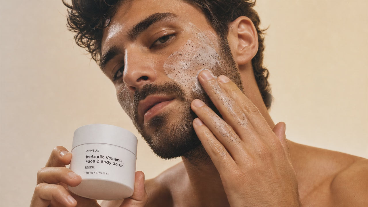 Man massaging REFINE icelandic volcano scrub into face with fingertips, exfoliating facial application