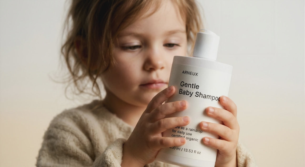 Young child holding Arneux SOFT gentle baby shampoo, COSMOS Organic certified tear-free baby care
