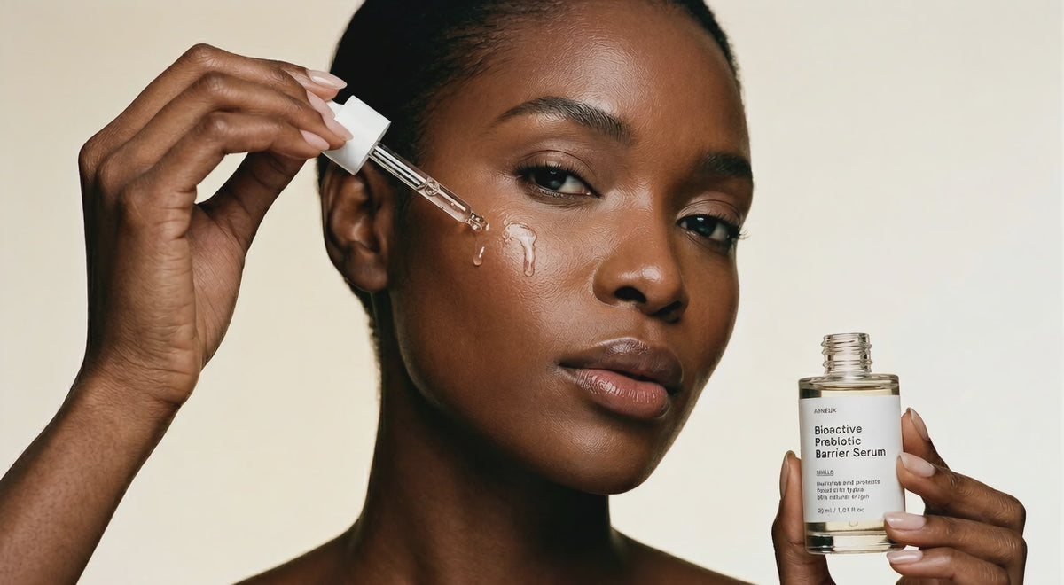 Woman dropping SHIELD prebiotic barrier serum onto cheekbone, clear serum absorbing into skin