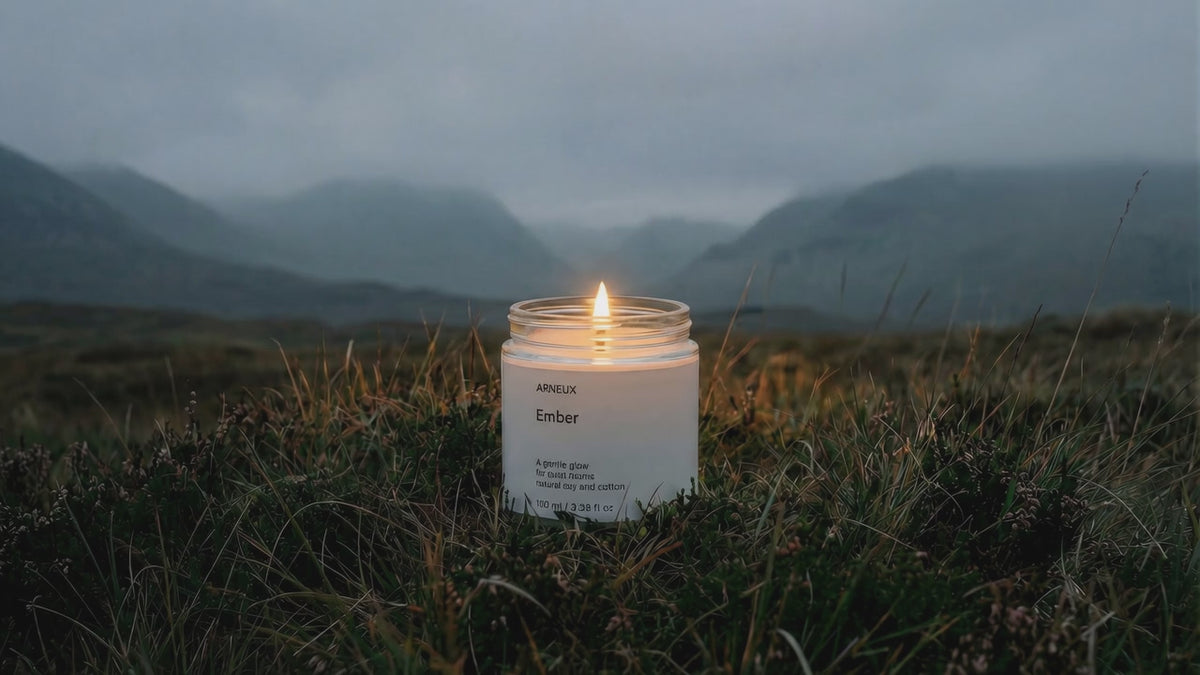 EMBER soy wax travel candle burning alone in dramatic moody Scottish highlands landscape at dusk