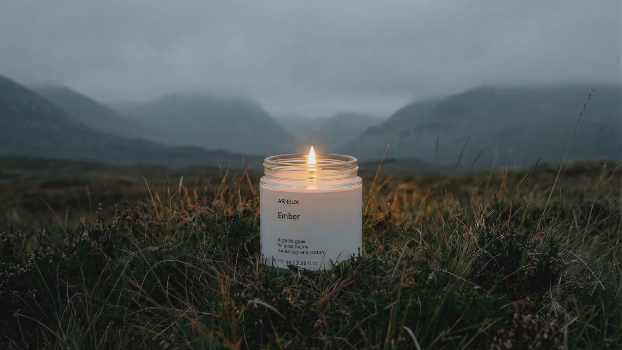 EMBER soy wax travel candle burning alone in dramatic moody Scottish highlands landscape at dusk