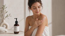 Woman in towel smoothing HYDRATE body lotion onto arm after shower, soft moisturized skin