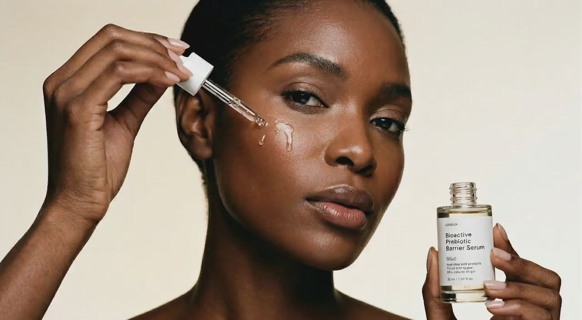 Woman dropping SHIELD prebiotic barrier serum onto cheekbone, clear serum absorbing into skin