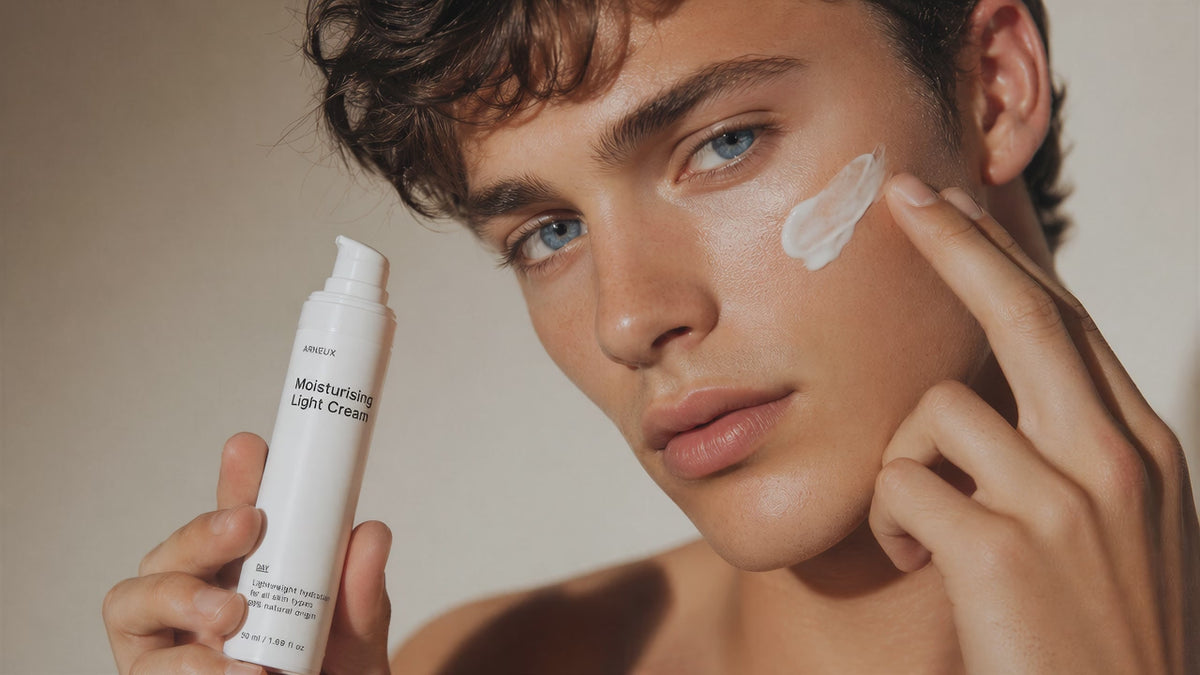 Man blending DAY moisturizing light cream into cheek with fingertips, matte hydrated skin close-up