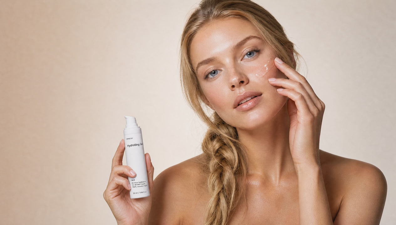 Woman pressing fingertip to cheek holding DEW hydrating gel, dewy matte finish on combination skin