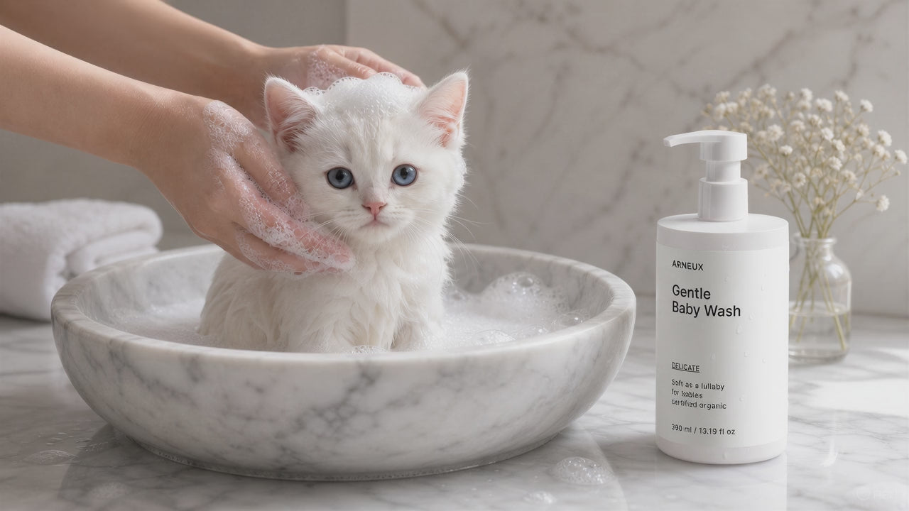 White kitten gently bathed in marble bowl with DELICATE gentle baby wash, hypoallergenic tear-free formula